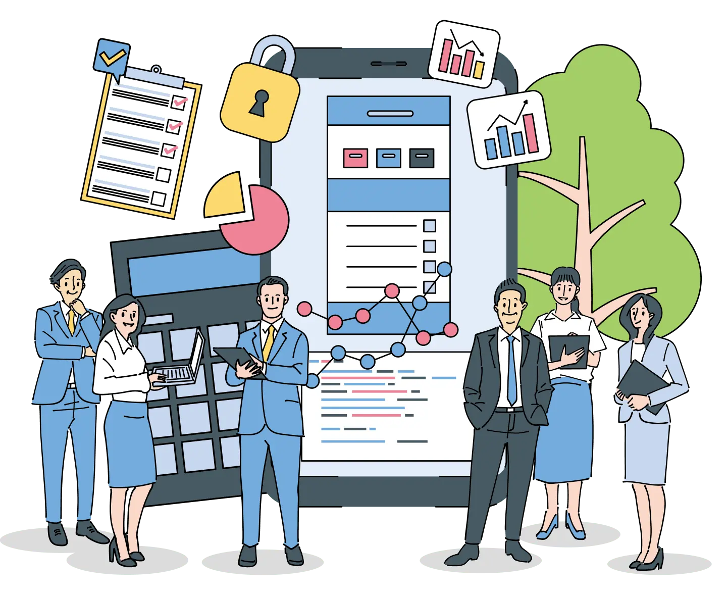 ビジネス環境において、データと戦略について話し合っている男性3人と女性2人のイラスト。背景には大きなデータグラフとチェックリストが描かれたディスプレイ、セキュリティロックのアイコン、成長を示すチャートが木にかかっており、デジタル変革と企業の成長戦略を象徴している。